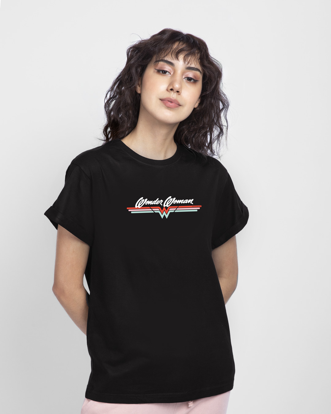 Shop Wonder Women Stripes Boyfriend T-Shirt (DCL) Black-Back