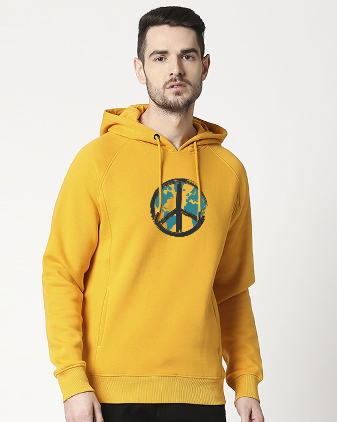 

World Peace Stylised Panel Hoodie Sweatshirt Men' Printed Cut & Sew Sweatshirt Hoodie Bewakoof.com, Yellow