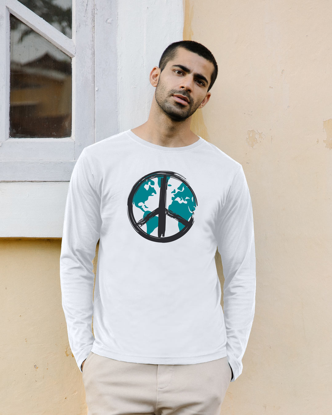 

World Peace Full Sleeve T-Shirt Men' Printed Full Sleeve T-Shirt Bewakoof.com, White