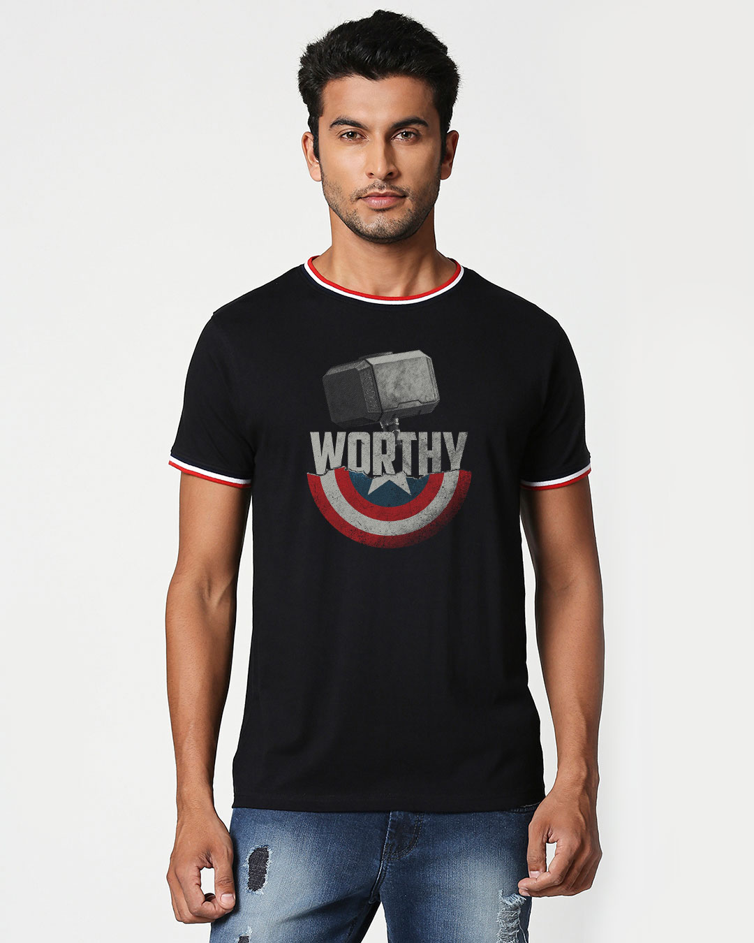 

Worthy Crewneck Varsity Rib H/ T-shirt-Multicolor Men' Printed Crewneck Varsity Rib H/ T-Shirt Bewakoof.com, Black-blue-white-red