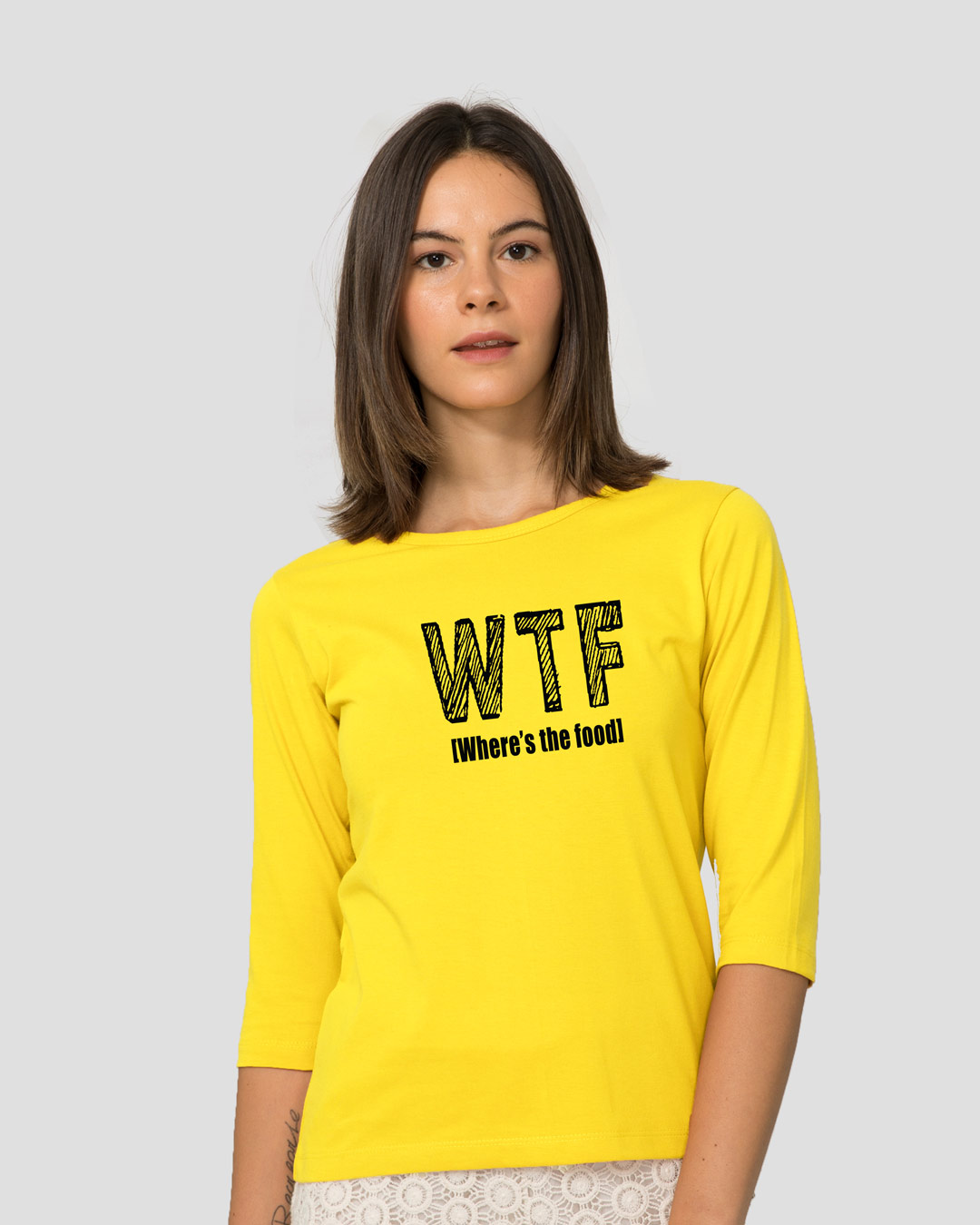 Shop WTF Food Round Neck 3/4 Sleeve T-Shirt Pineapple Yellow-Back