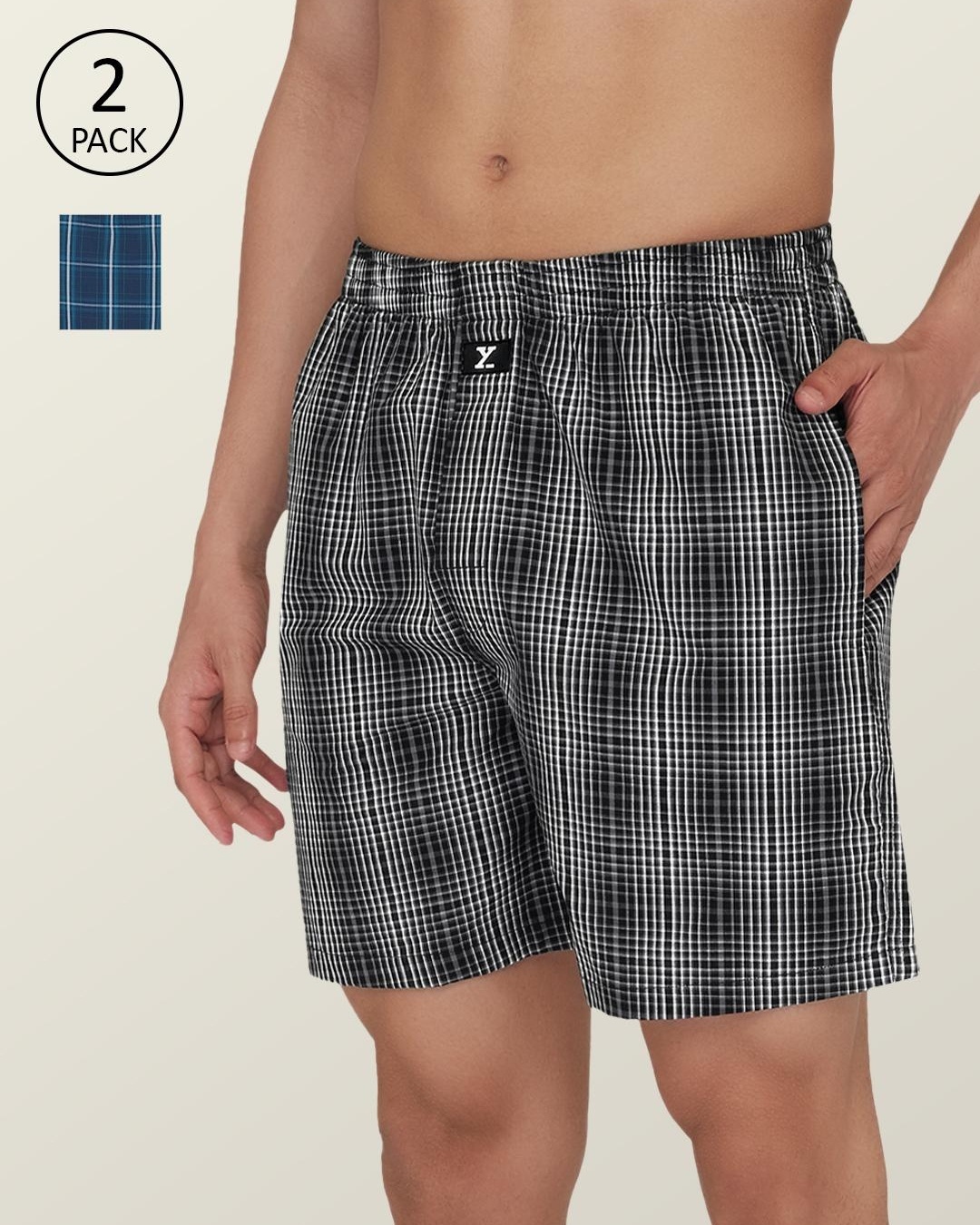 Buy Men's Grey & Blue Checked Relaxed Fit Boxers (Pack Of 2) Online in ...