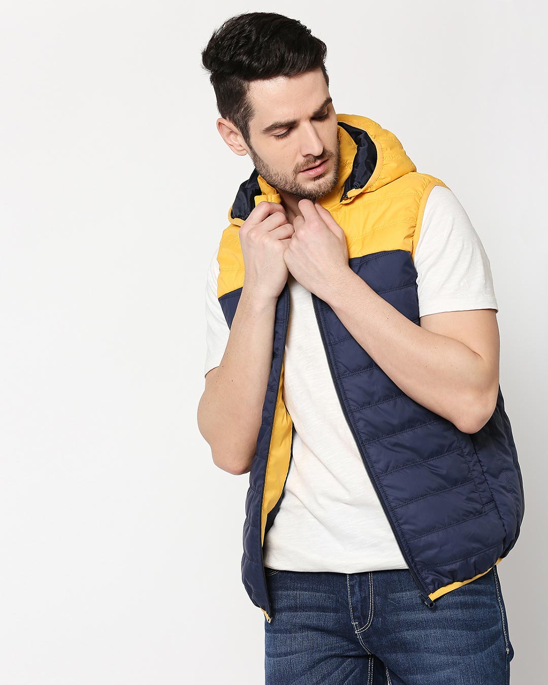

Yellow & Blue Two Block Vest Puffer Jacket with Detachable Hoodie Men' Cut & Sew Sleeveless Puffer Jacket with Hoodie Bewakoof.com