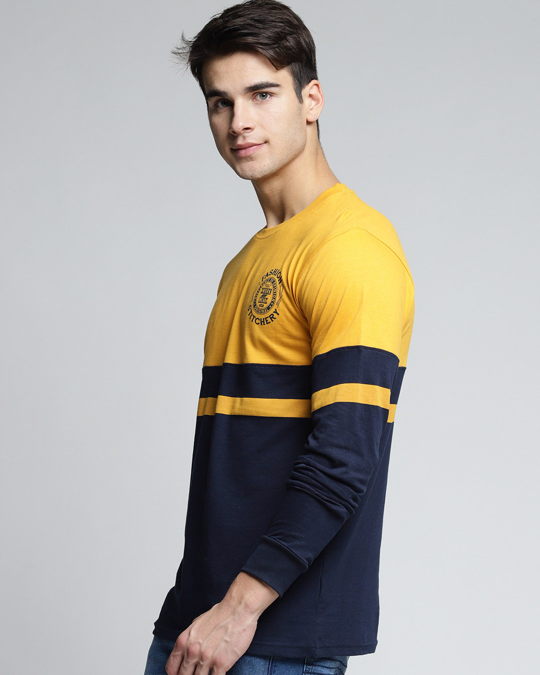 Shop Men's Yellow & Blue Color Block Slim Fit T-shirt-Back