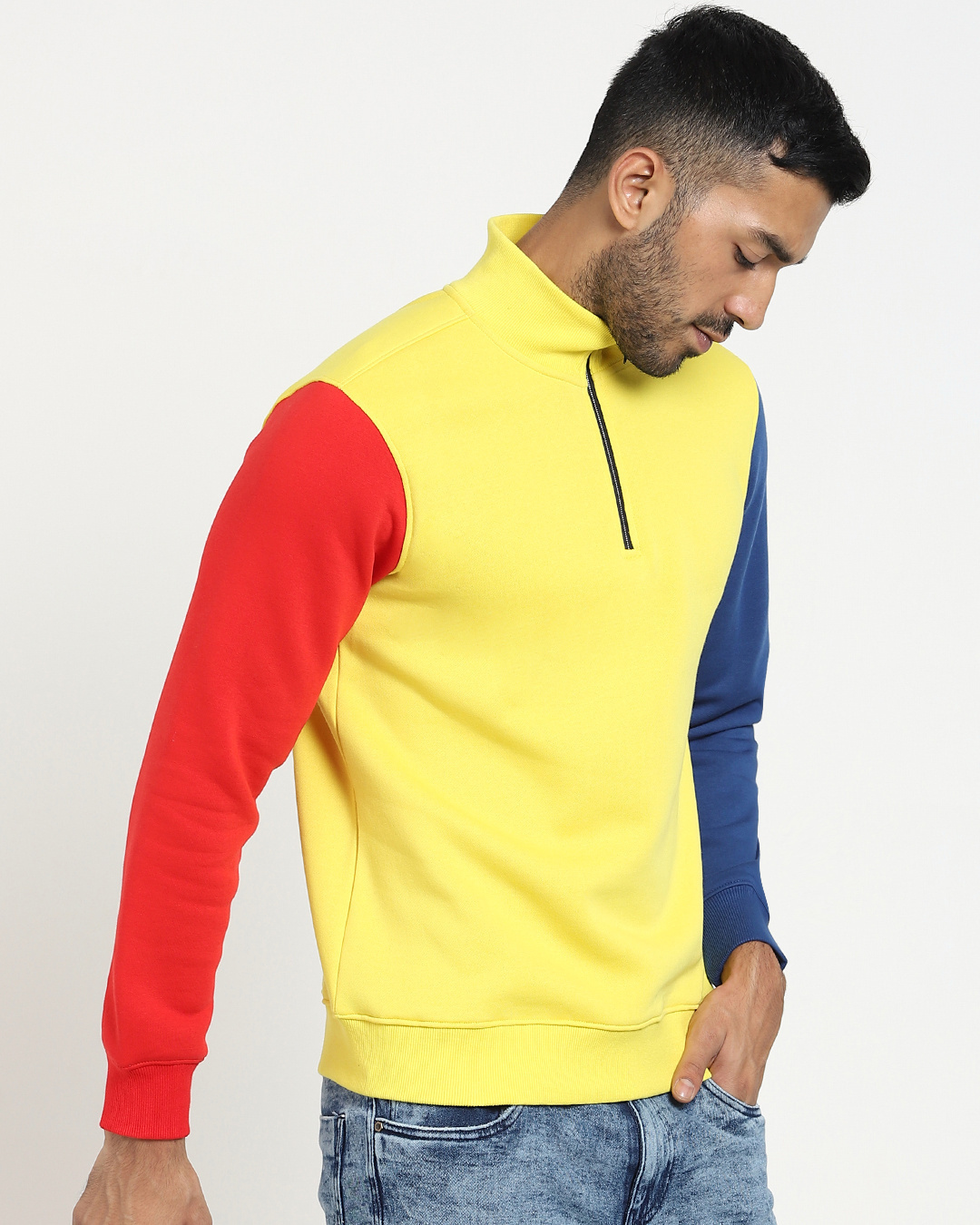 Shop Men's Yellow Contrast Sleeve Color Block Half Zipper Sweatshirt-Back