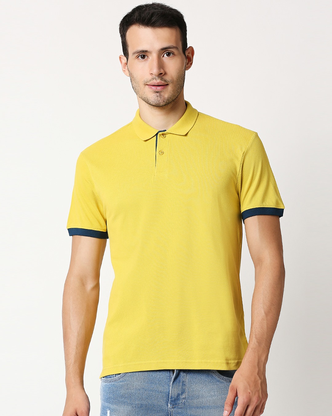 Shop Yellow Contrast Sleeve Polo T-Shirt-Back