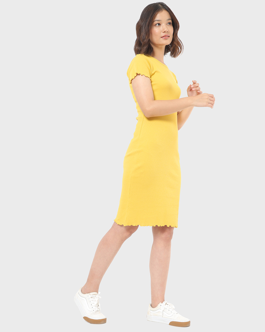 Shop Yellow Lettuce Hem Slim Fit Dress-Back