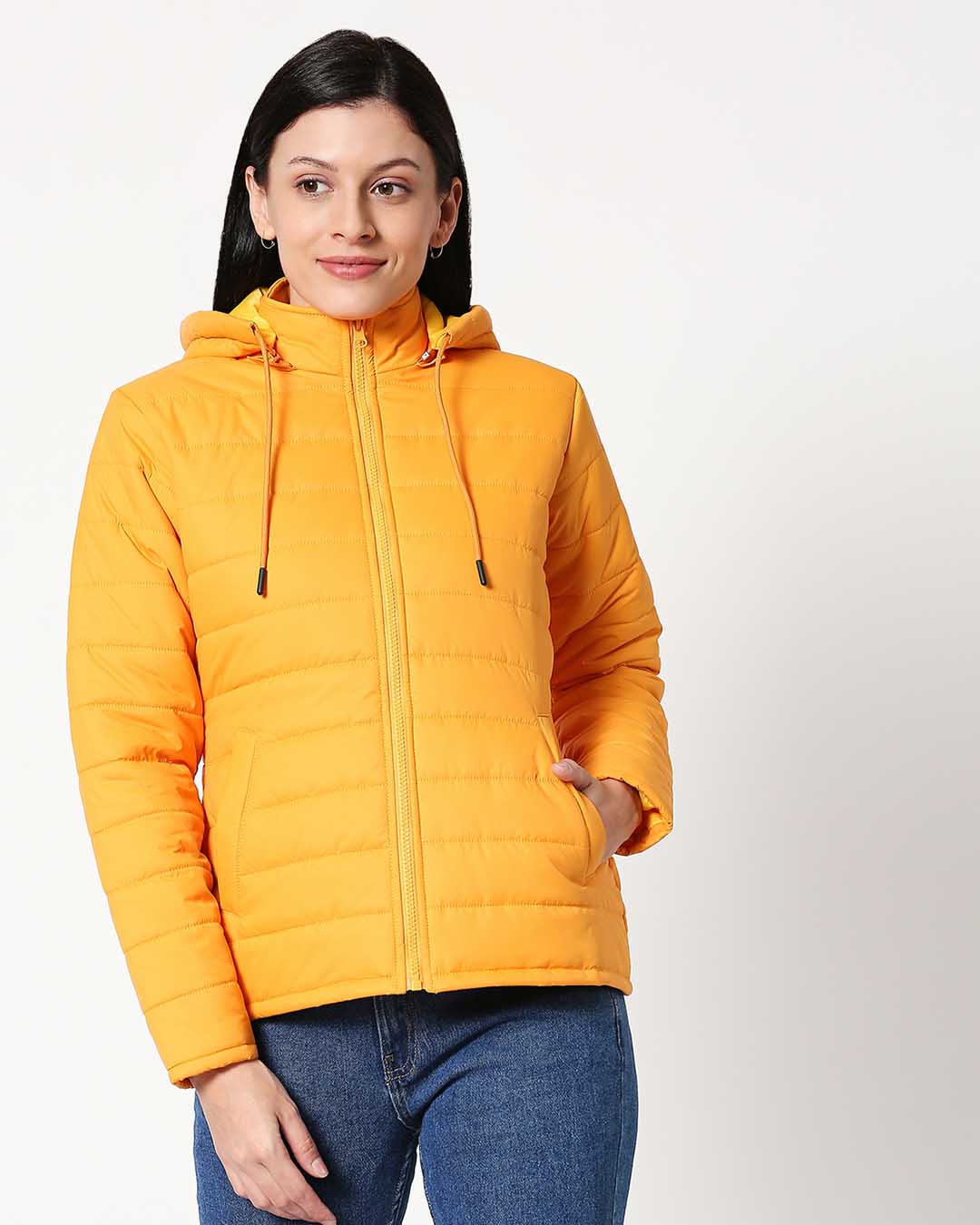 Shop Yellow Plain Puffer Jacket with Detachable Hood-Back