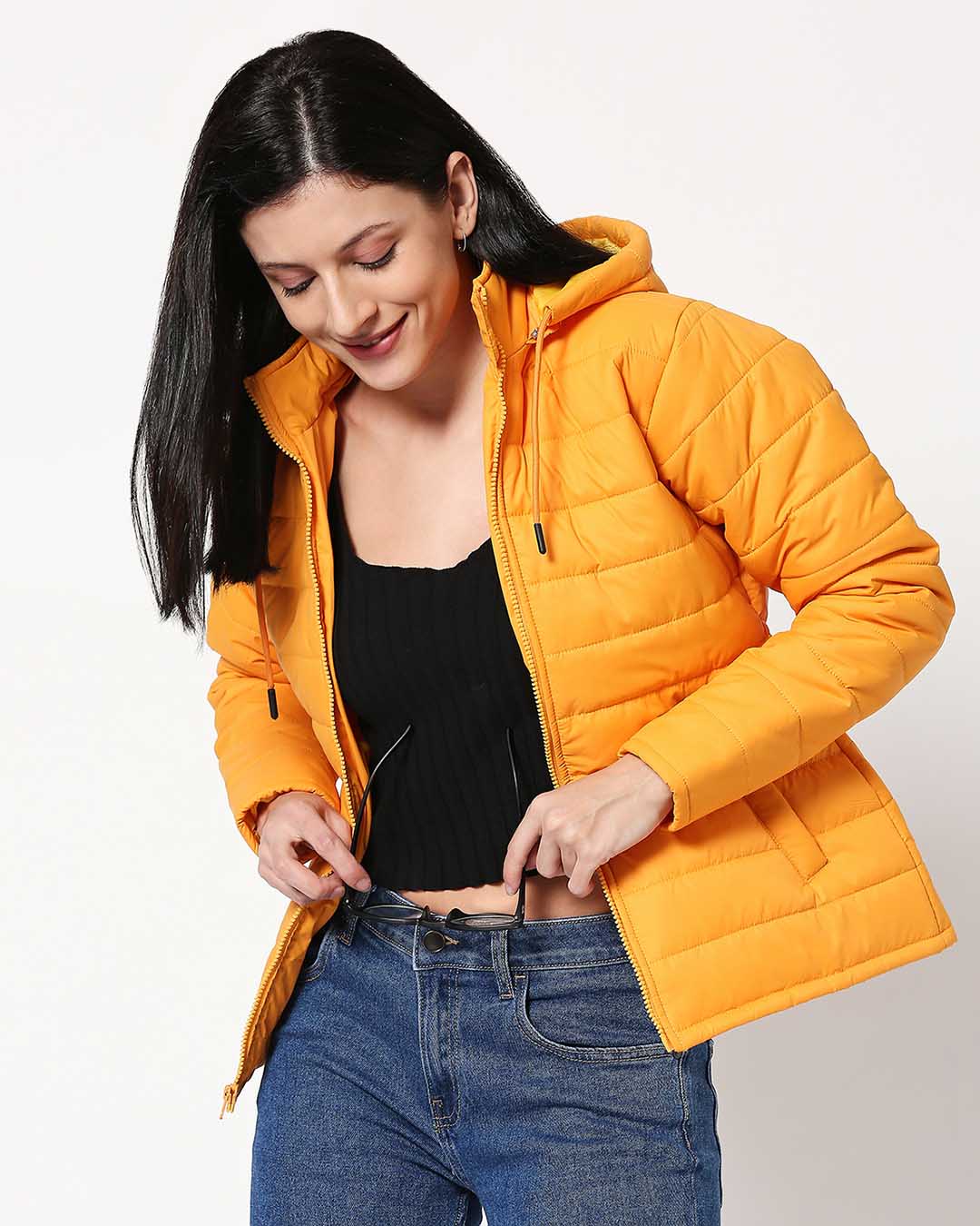 

Yellow Plain Puffer Jacket with Detachable Hood Women' Plain Puffer Jacket - Detachable Hoodie Bewakoof.com