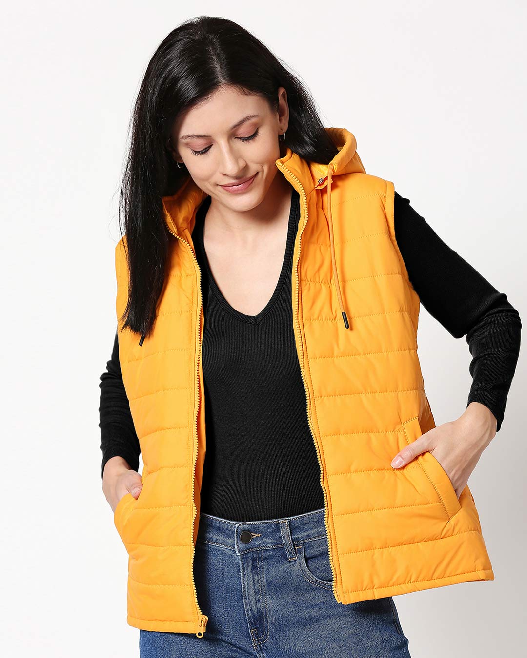 sleeveless puffer jacket with hood