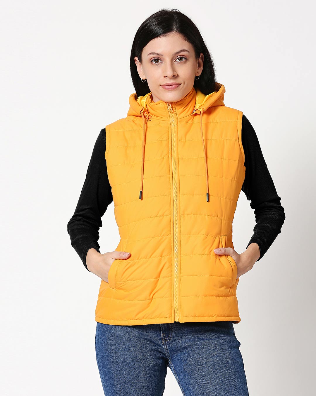 Shop Women's Yellow Puffer Jacket With Detachable Hood-Back