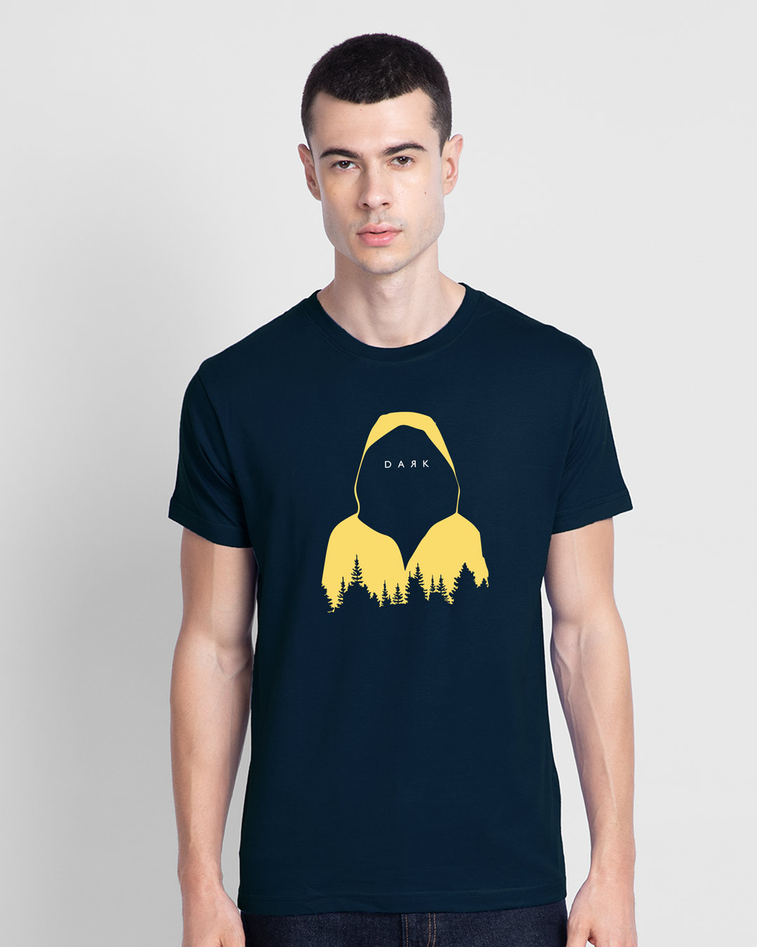 navy blue t shirt with yellow print