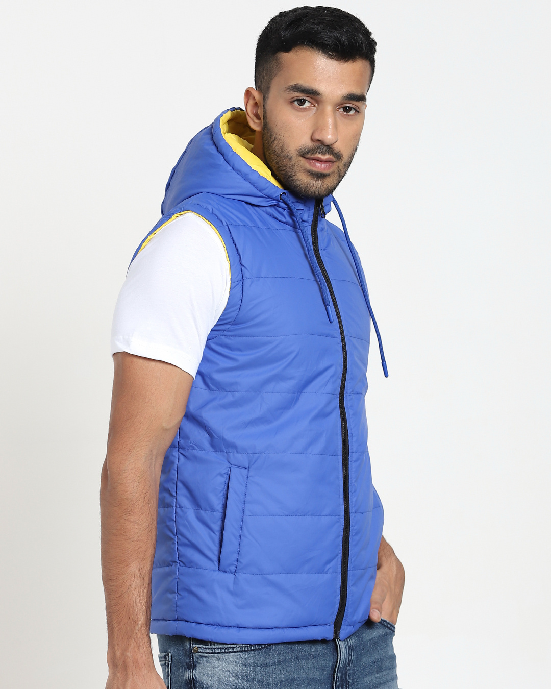 Shop Men's Yellow & Blue Sleeveless Reversible Puffer Jacket-Back