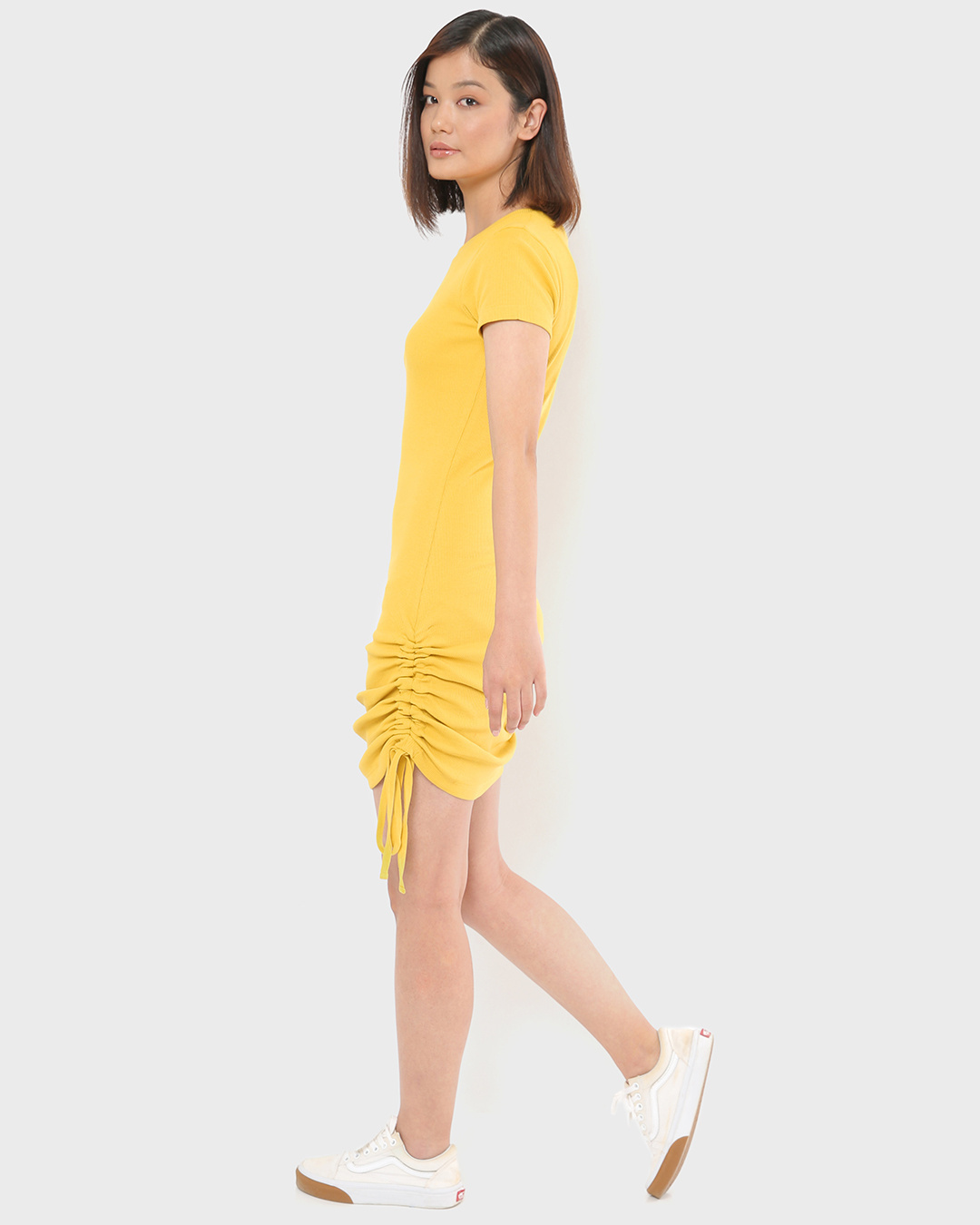 Shop Yellow Side Gather Fitted Slim Fit Dress-Back