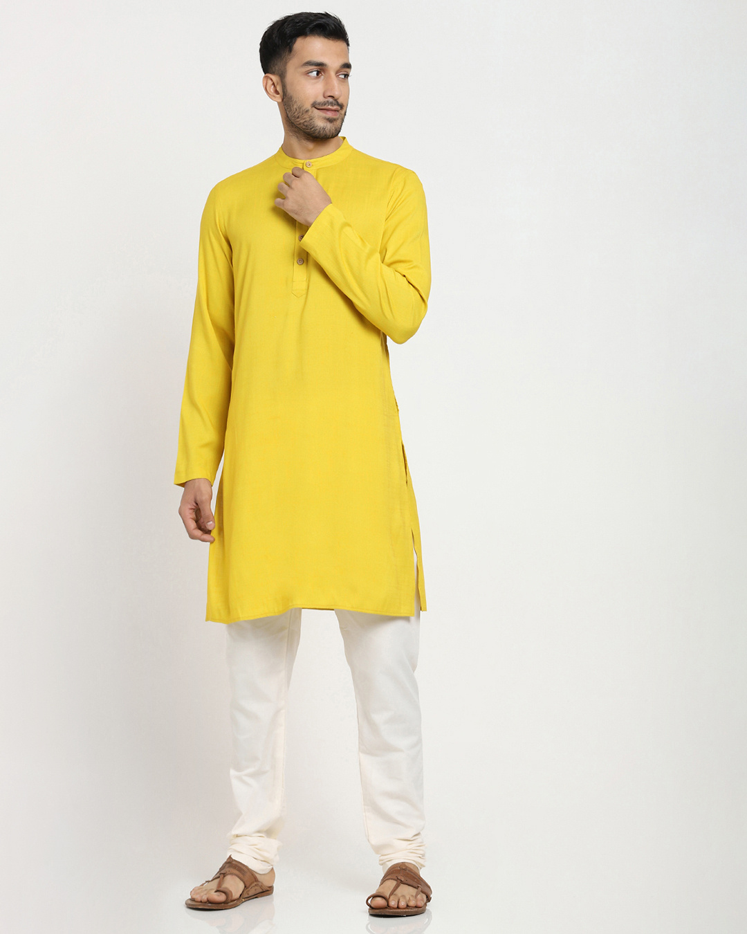 Solid Casual Long Kurta for Men yellow 
