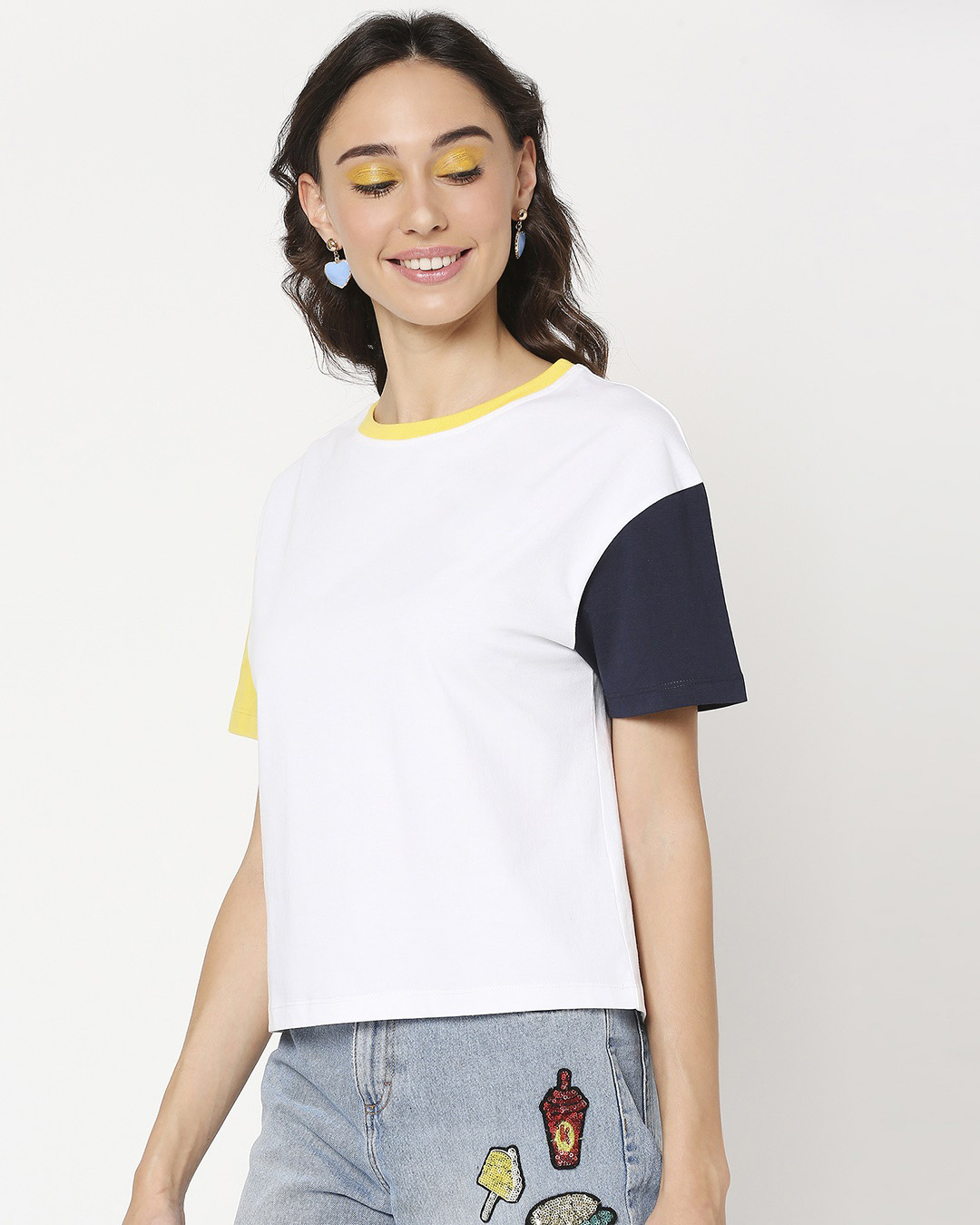 Shop Yolo Yellow Contrast Sleeve T-Shirt-Back