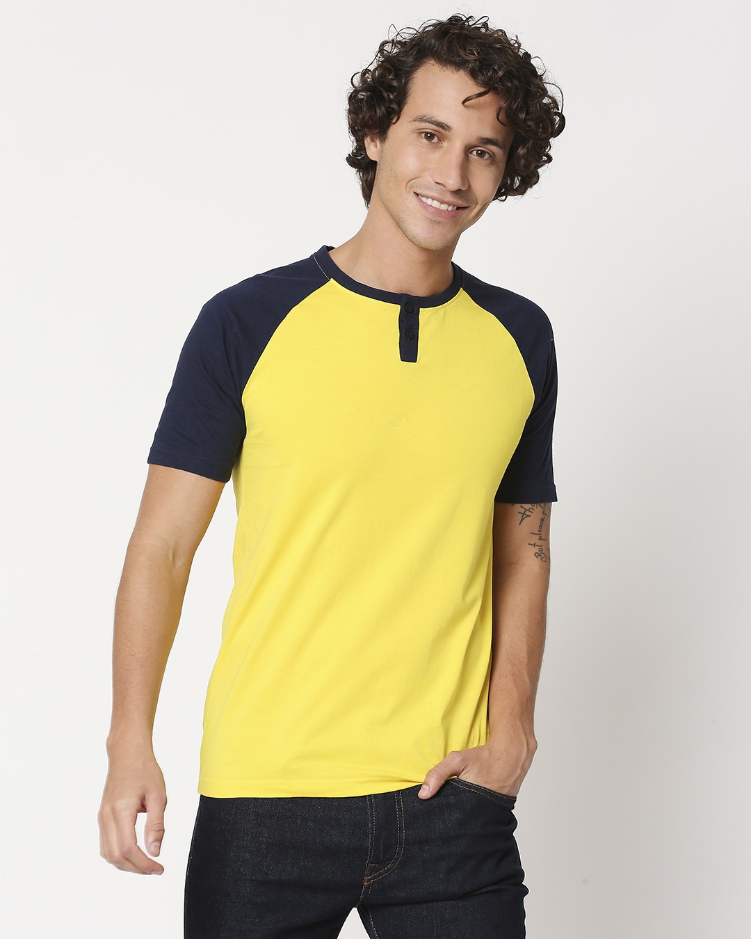 Shop Yolo Yellow Raglan Henley T-Shirt-Back