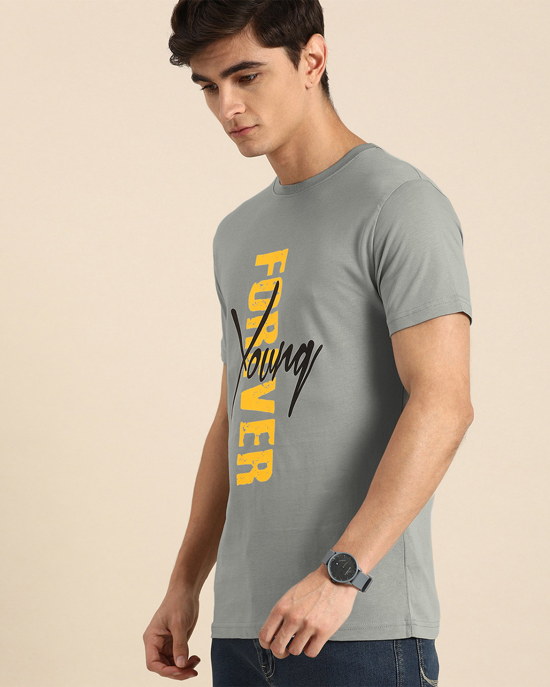 Shop Men's Grey Young Forever Typography T-shirt-Back