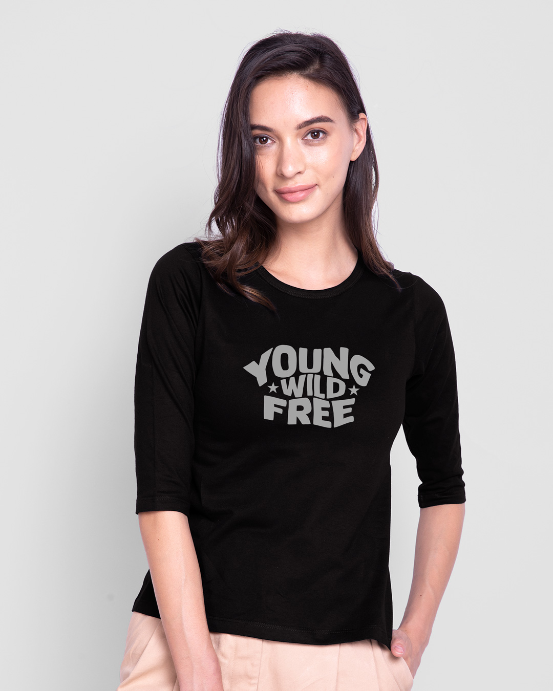 Shop Young & Wild Round Neck 3/4 Sleeve T-Shirt Black-Back