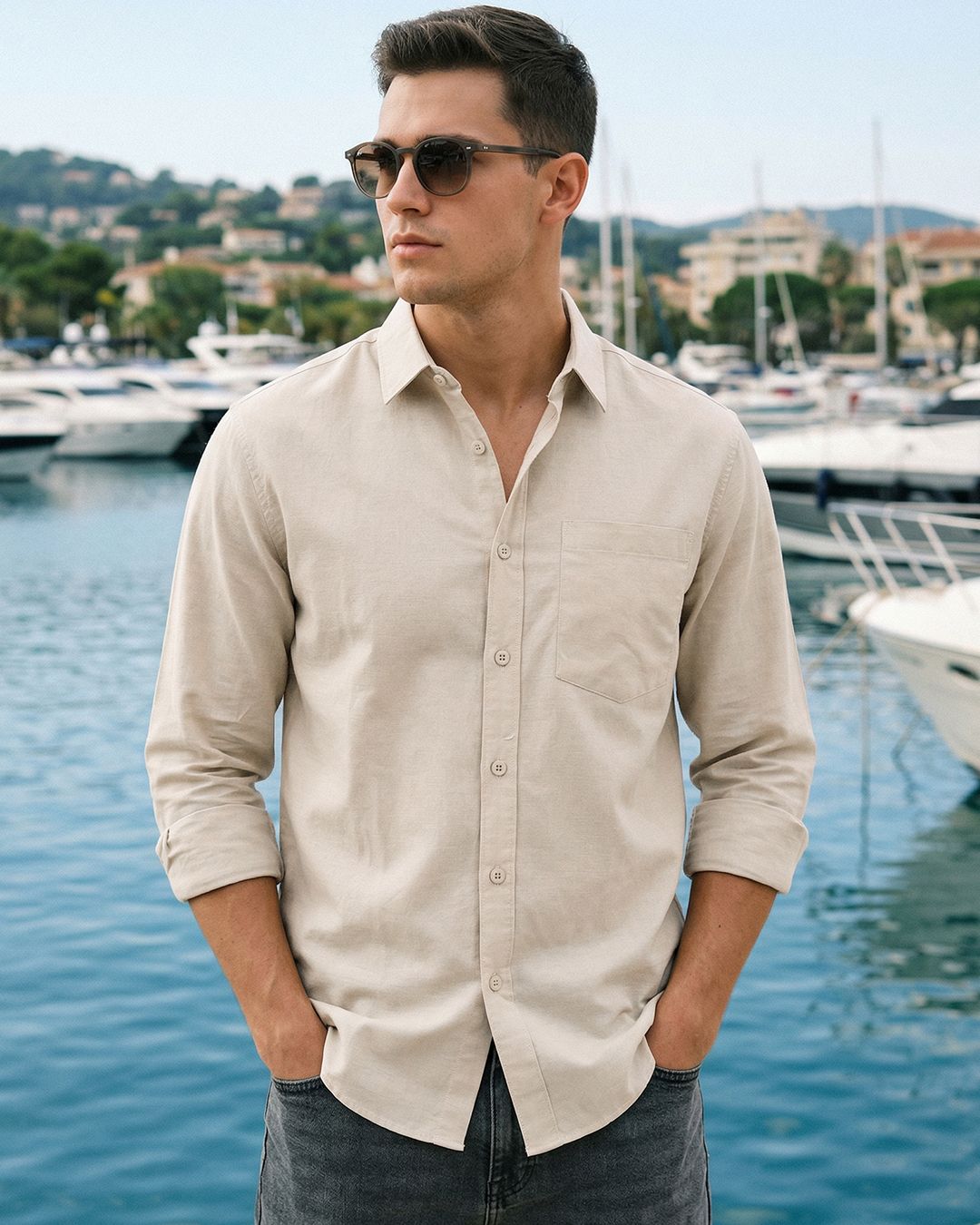 men styling beige shirt 