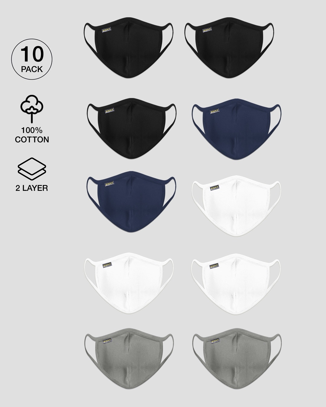 Shop 2 layer Everyday Protective mask Pack of 10(Jet Black *3-Galaxy Blue*2-White *3-Meteor Grey*2)-Front