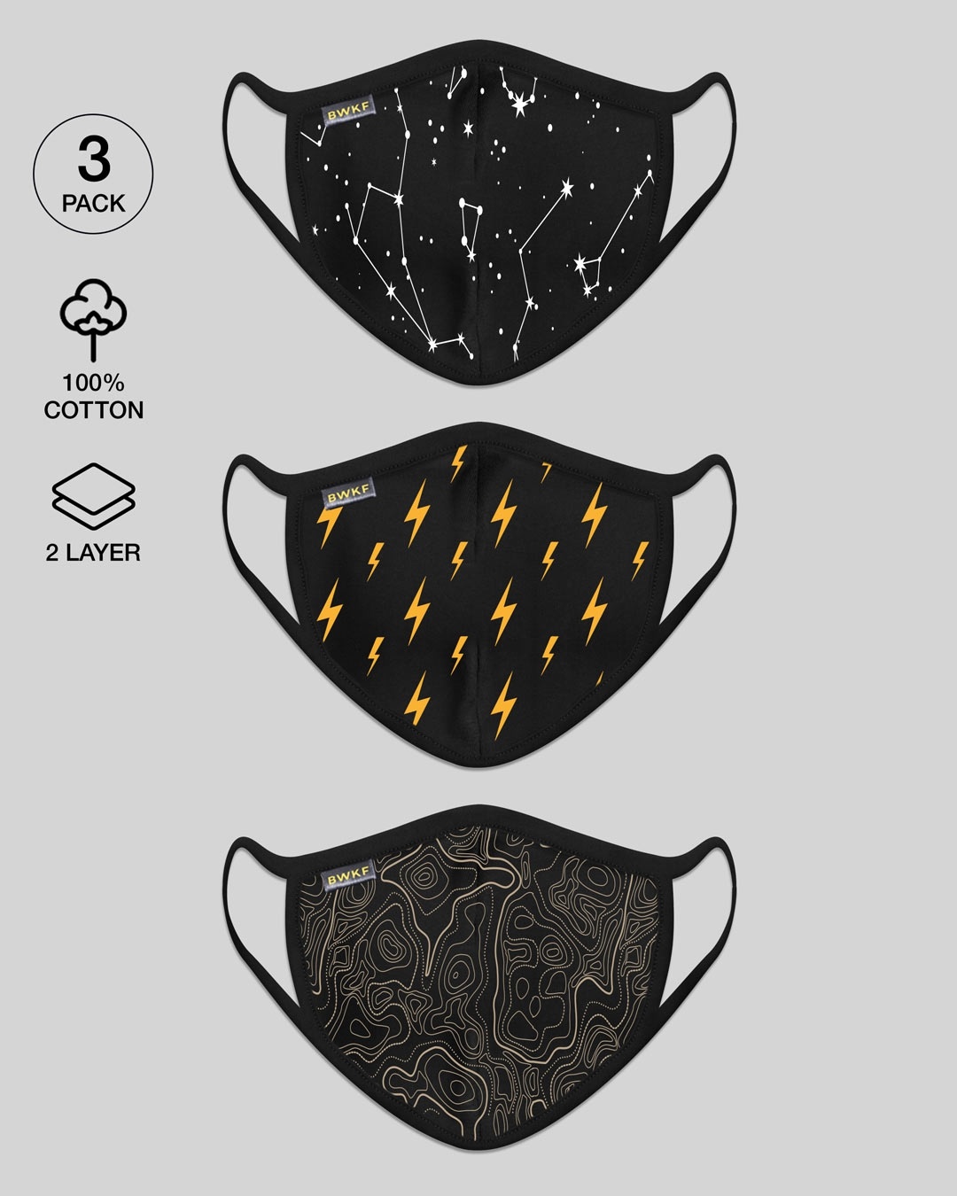 Shop 2-Layer Everyday Protective Masks - Pack of 3 (Constellations-Thunder Bolts-Swirl Pattern)-Design