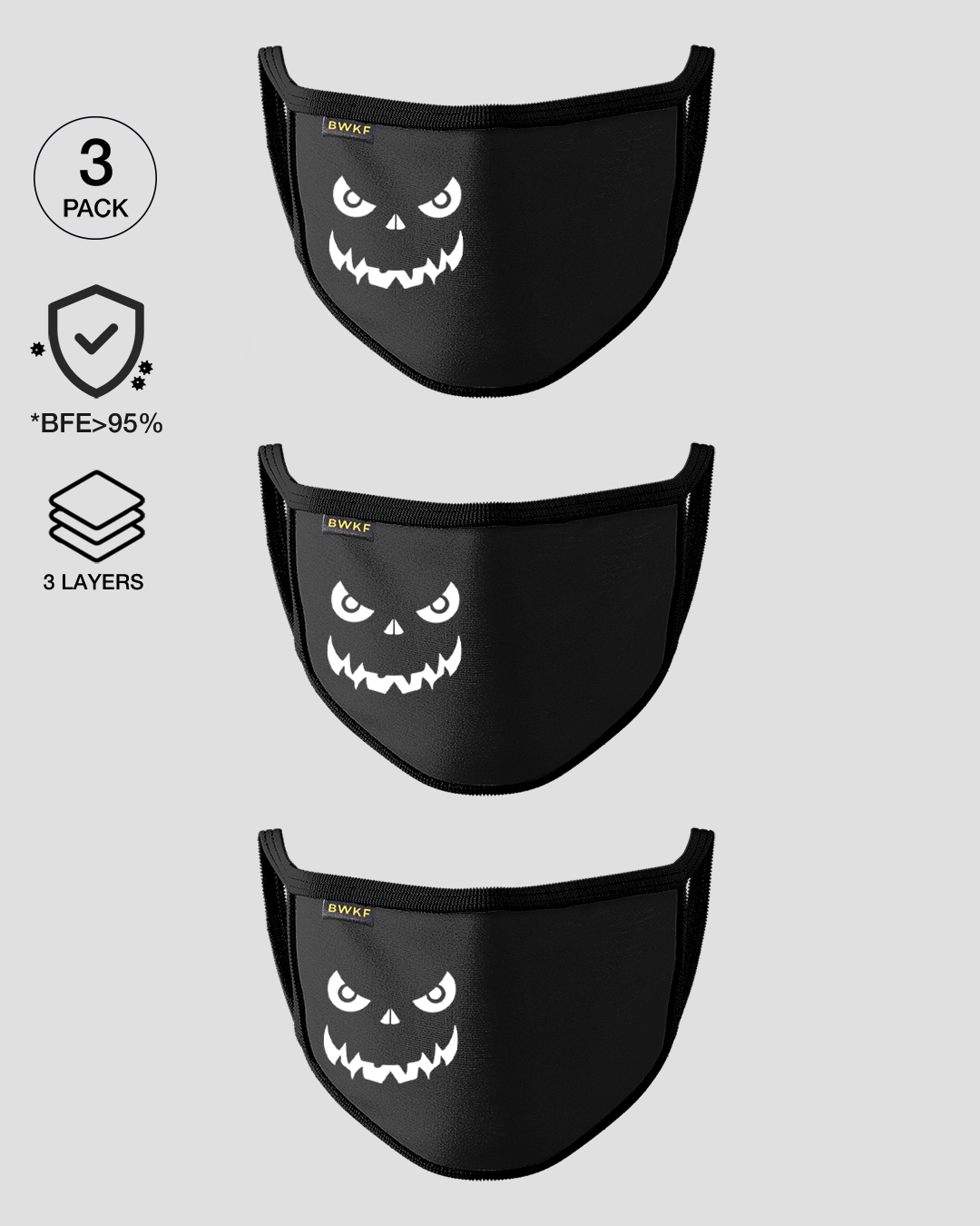 Shop 3-Layer Reusable Printed Life Mask-Pack of 3 (Glow Face) Black-Full