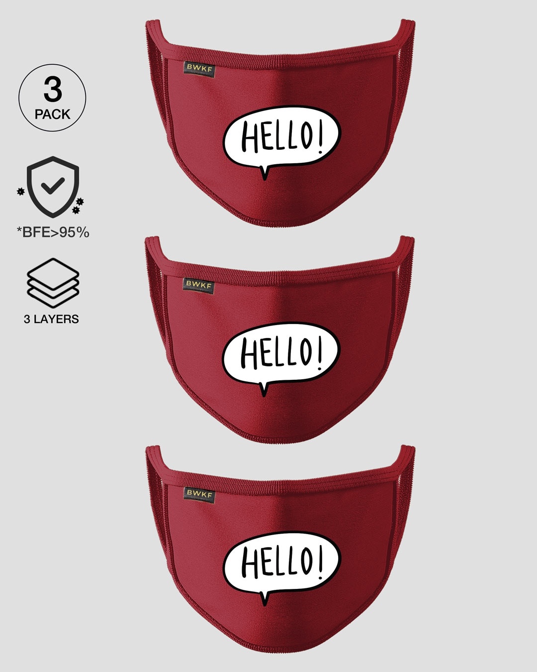 Shop 3-Layer Reusable Printed Life Mask-Pack of 3 (Hello) Scarlet Red-Front