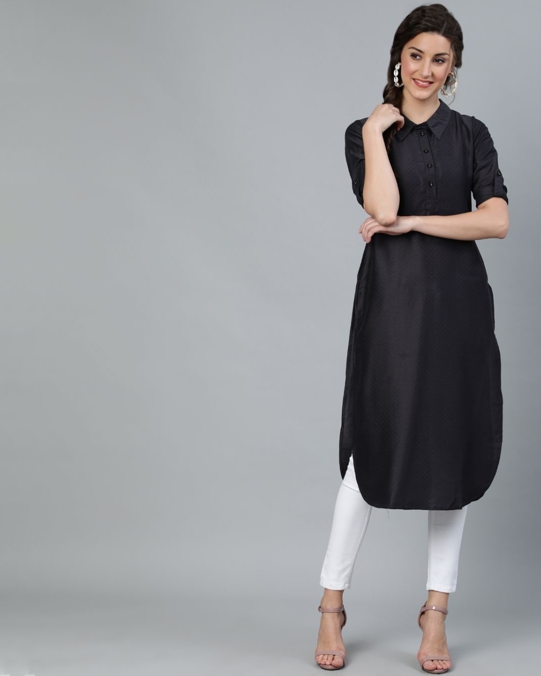 Buy AKS Black Chinnon Silk Self Design Pathani Kurta Online at