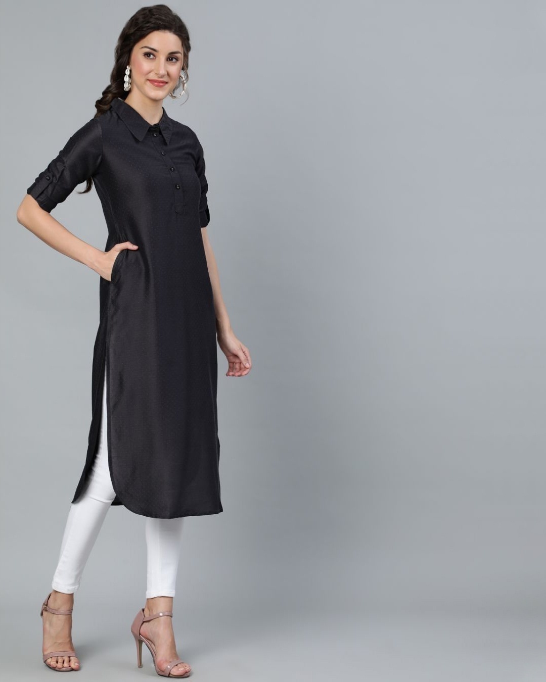 Shop Black Chinnon Silk Self Design Pathani Kurta-Design