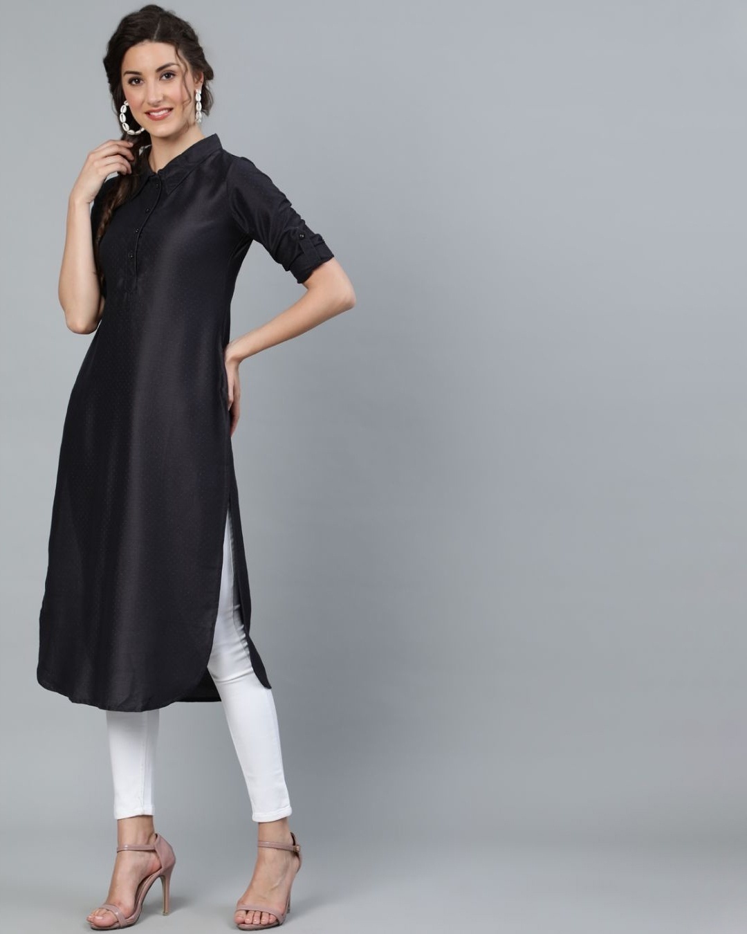 Shop Black Chinnon Silk Self Design Pathani Kurta-Full