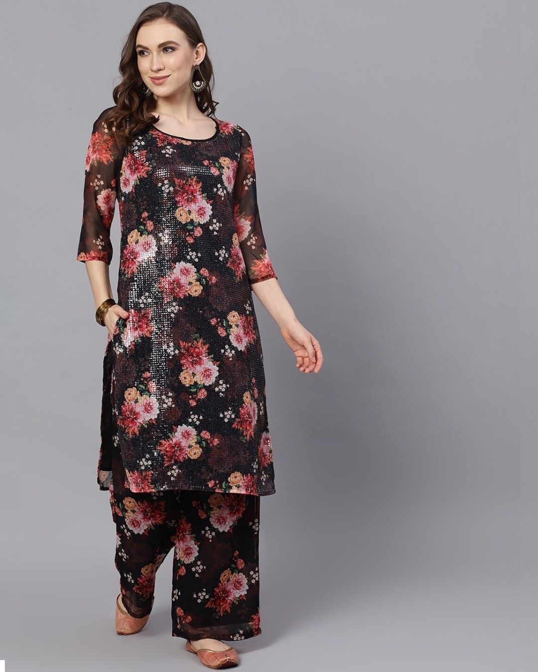 Shop Black & Red Floral Printed With Sequence Kurta Set-Front