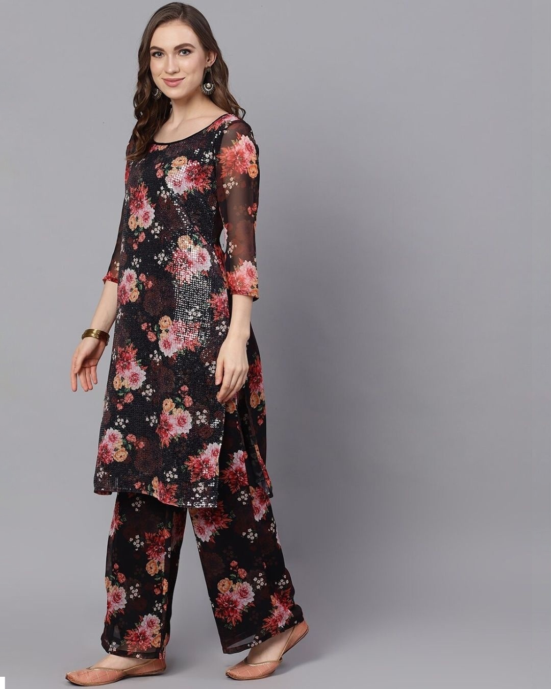 Shop Black & Red Floral Printed With Sequence Kurta Set-Design
