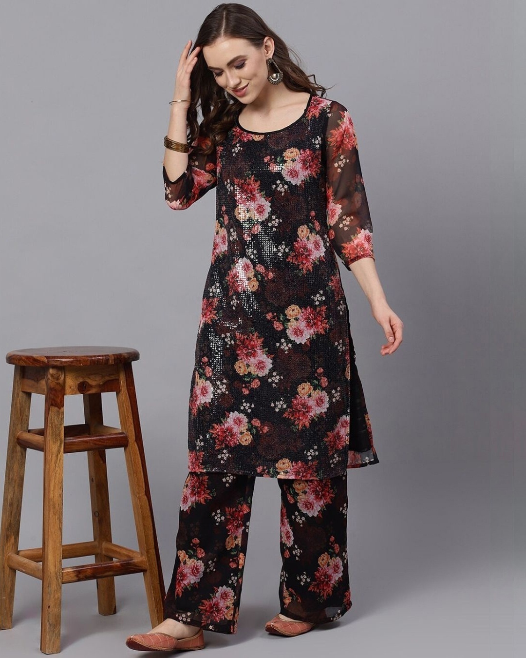Shop Black & Red Floral Printed With Sequence Kurta Set