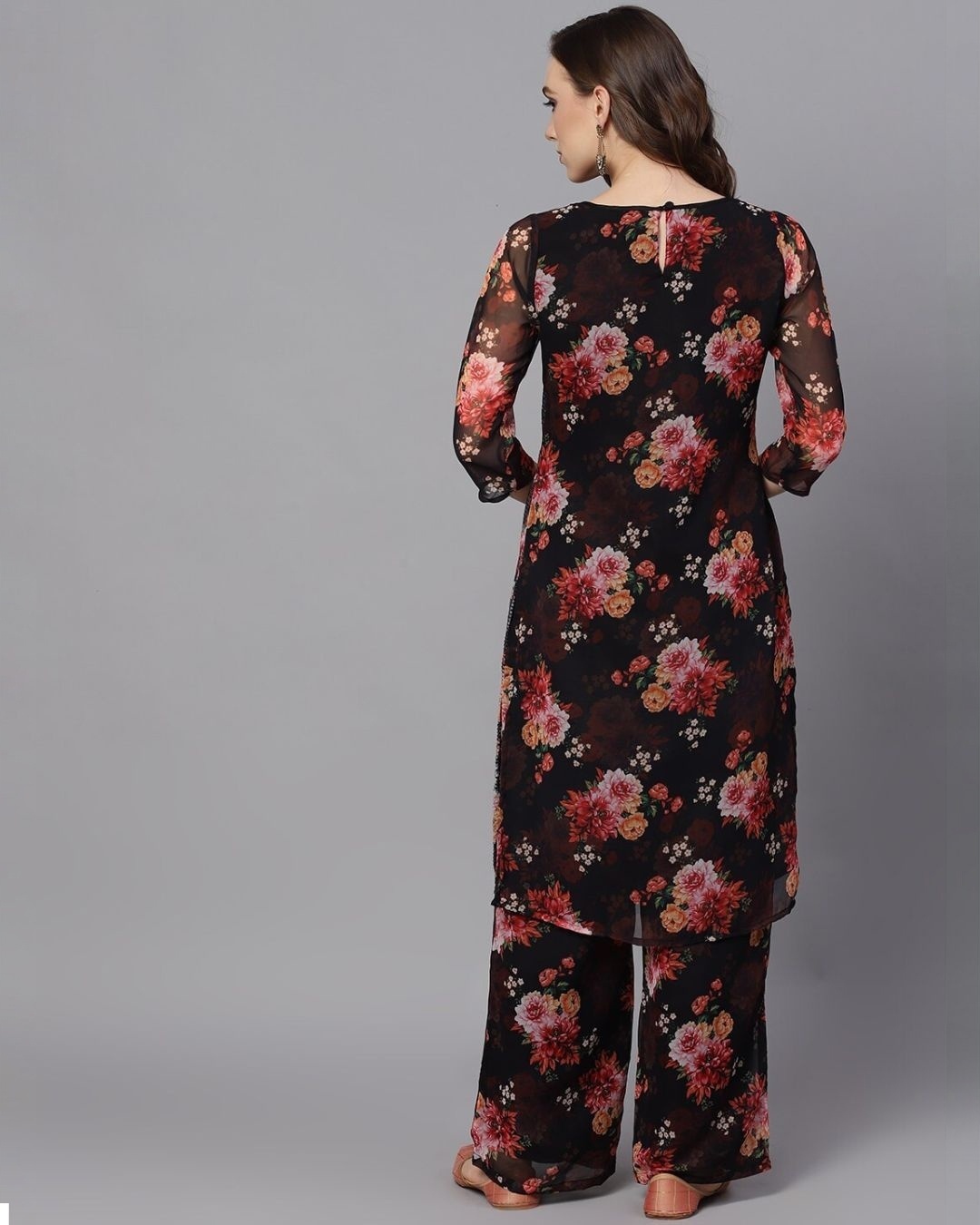 Shop Black & Red Floral Printed With Sequence Kurta Set-Back