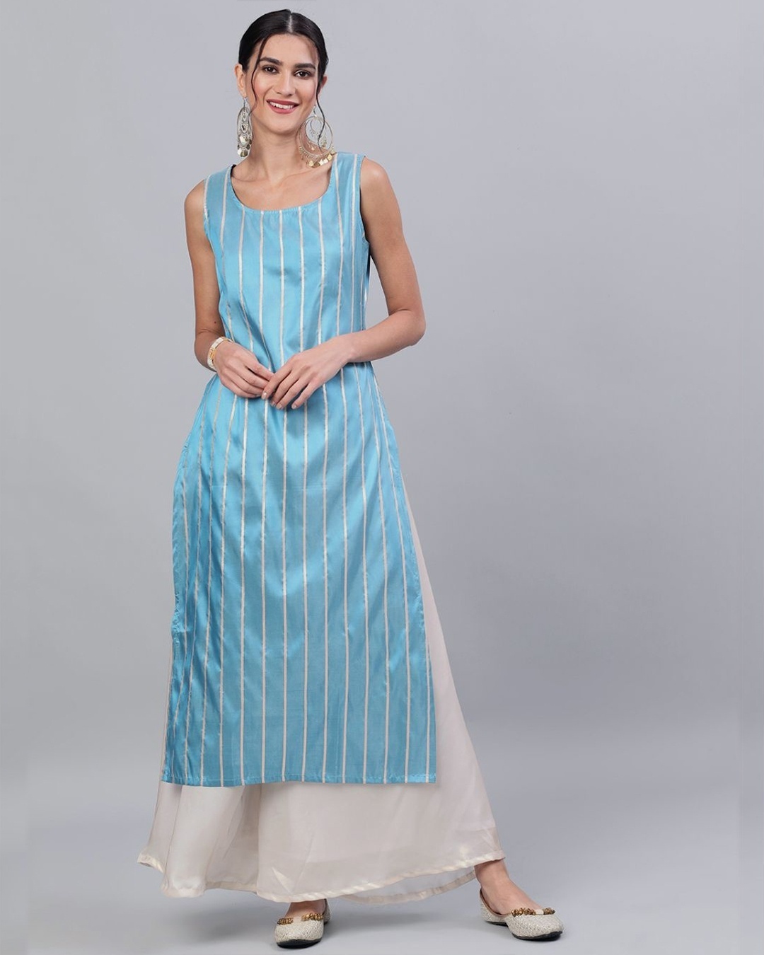 Shop Blue Gold Zari Stripes Woven Design Straight Kurta-Front