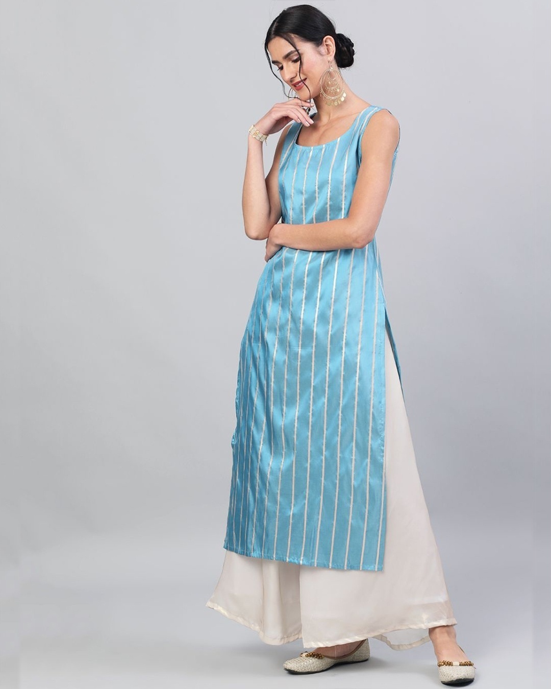 Shop Blue Gold Zari Stripes Woven Design Straight Kurta-Full