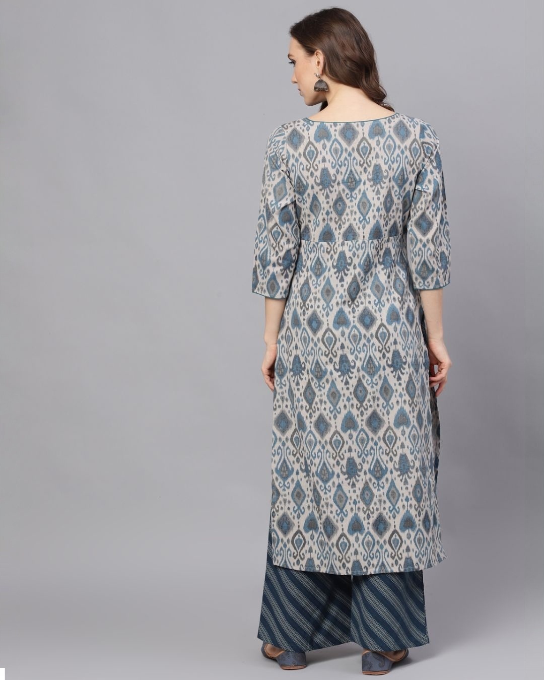 Shop Blue & Grey Ikat Printed Kurta With Palazzo Set-Back