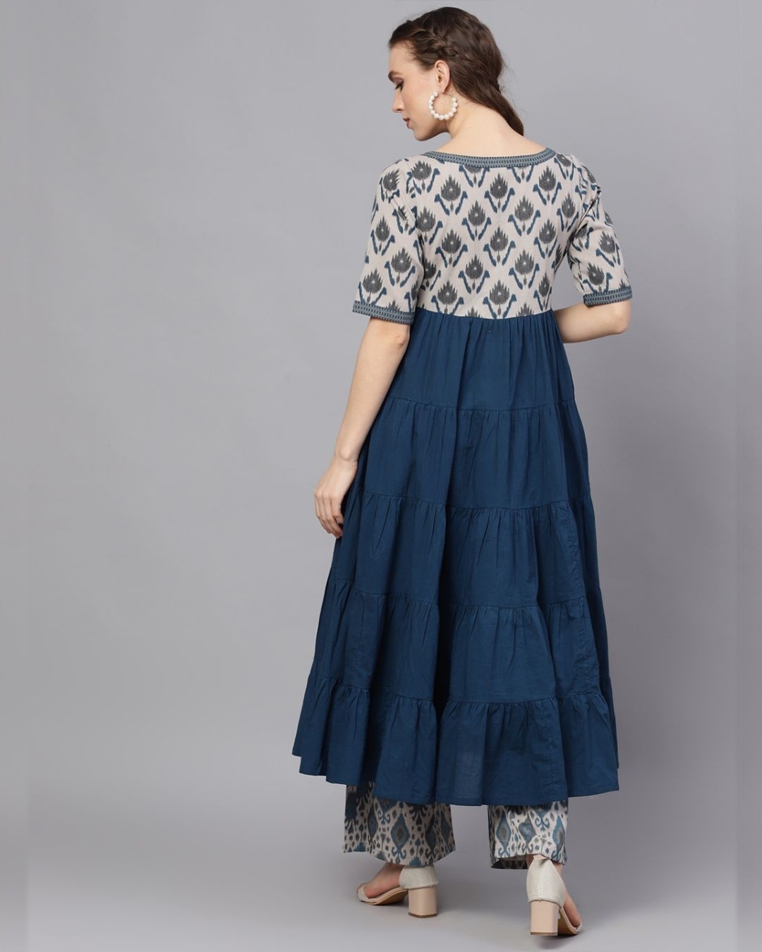 Shop Blue & Grey Ikat Printed Tiered Anarkali-Back