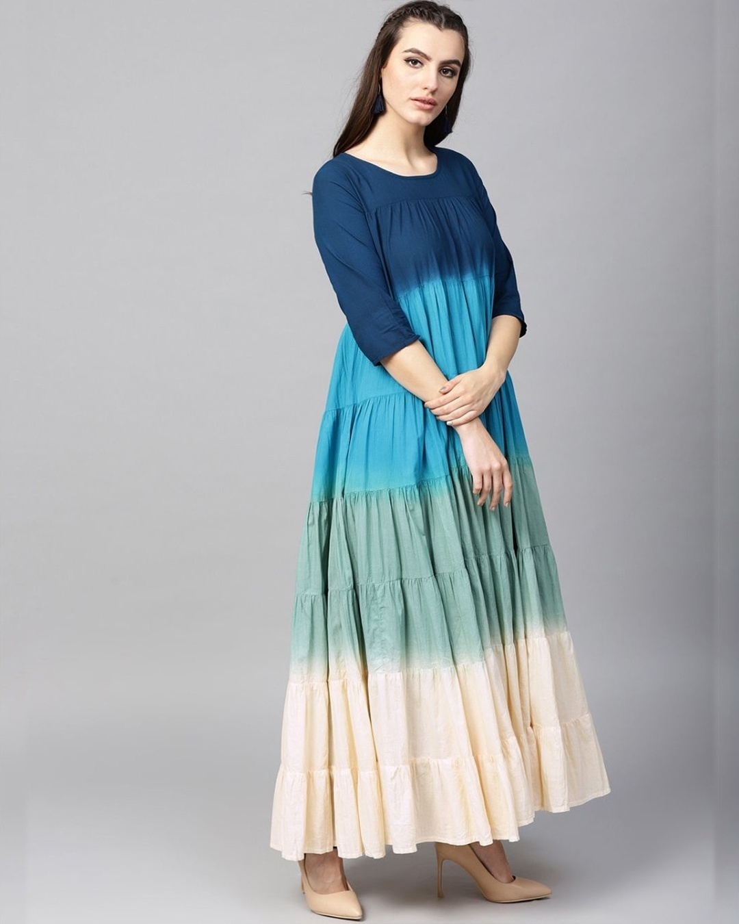 Shop Blue Ombre Print Tiered Flared Anarkali-Full