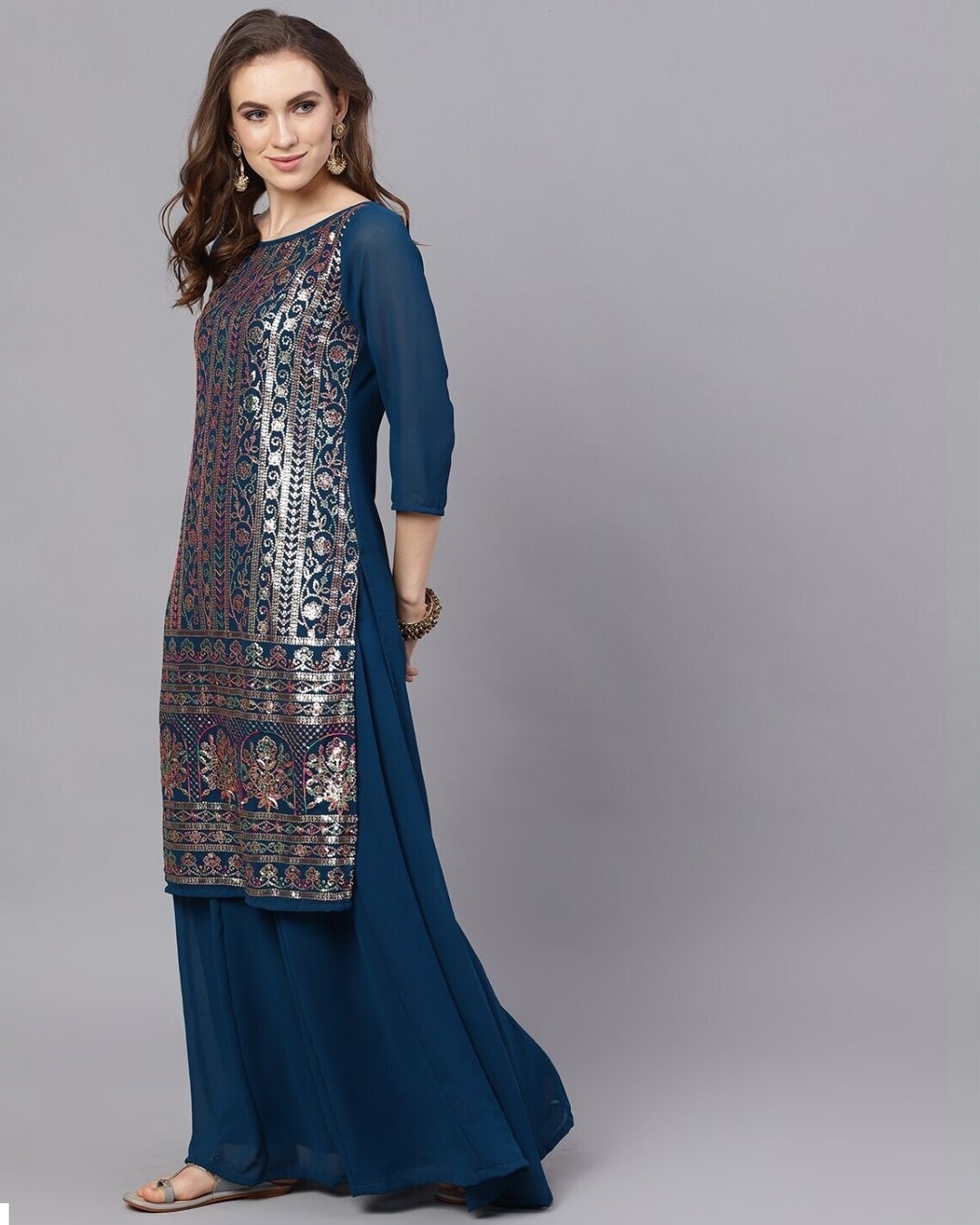 Shop Blue Sequence Work Kurta With Solid Flared Palazzo-Design