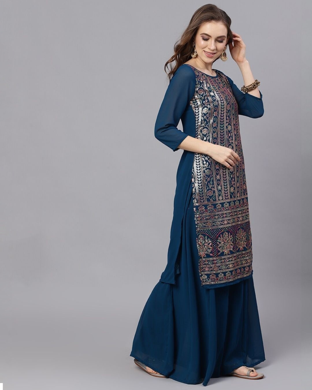Shop Blue Sequence Work Kurta With Solid Flared Palazzo-Full