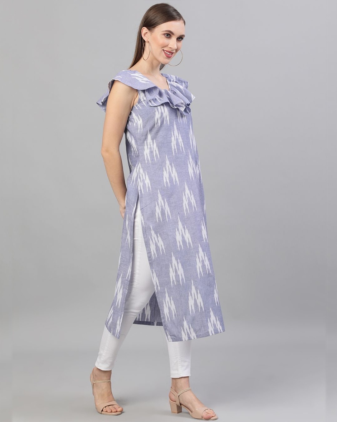 Shop Blue & White Ikat Handloom Woven Design Top With Pom Pom Details-Design