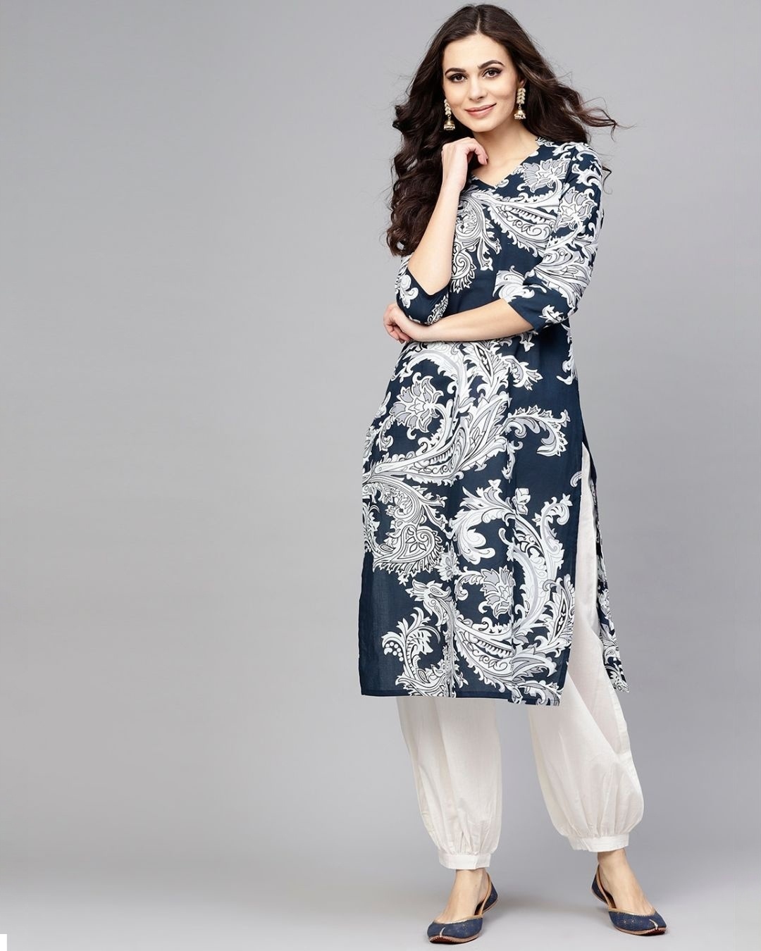 Shop Blue & White Printed Kurta With Salwar Set-Front