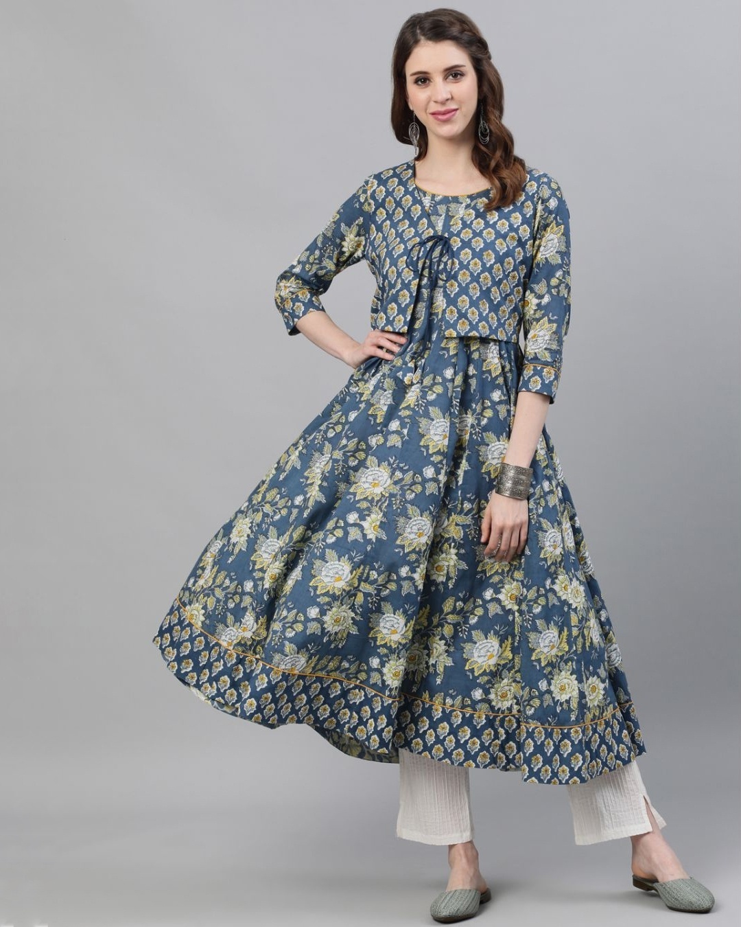 Shop Blue & Yellow Floral Printed Anarkali With Jacket-Front