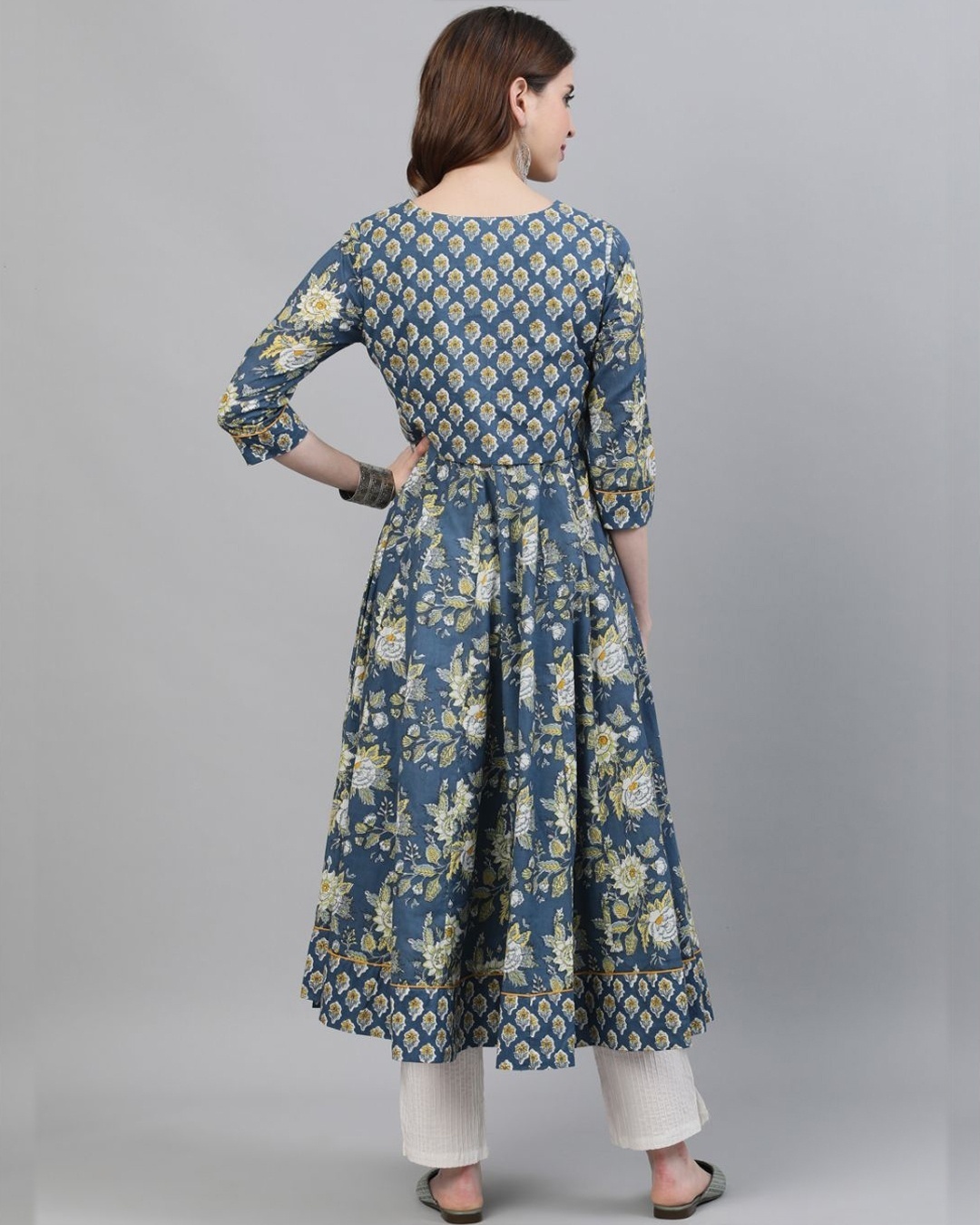 Shop Blue & Yellow Floral Printed Anarkali With Jacket-Back