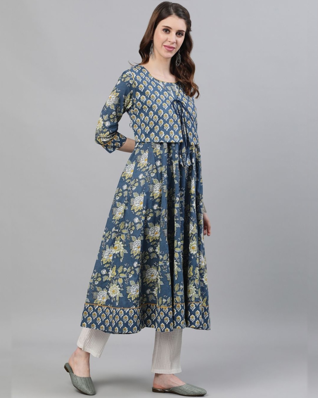 Shop Blue & Yellow Floral Printed Anarkali With Jacket-Full