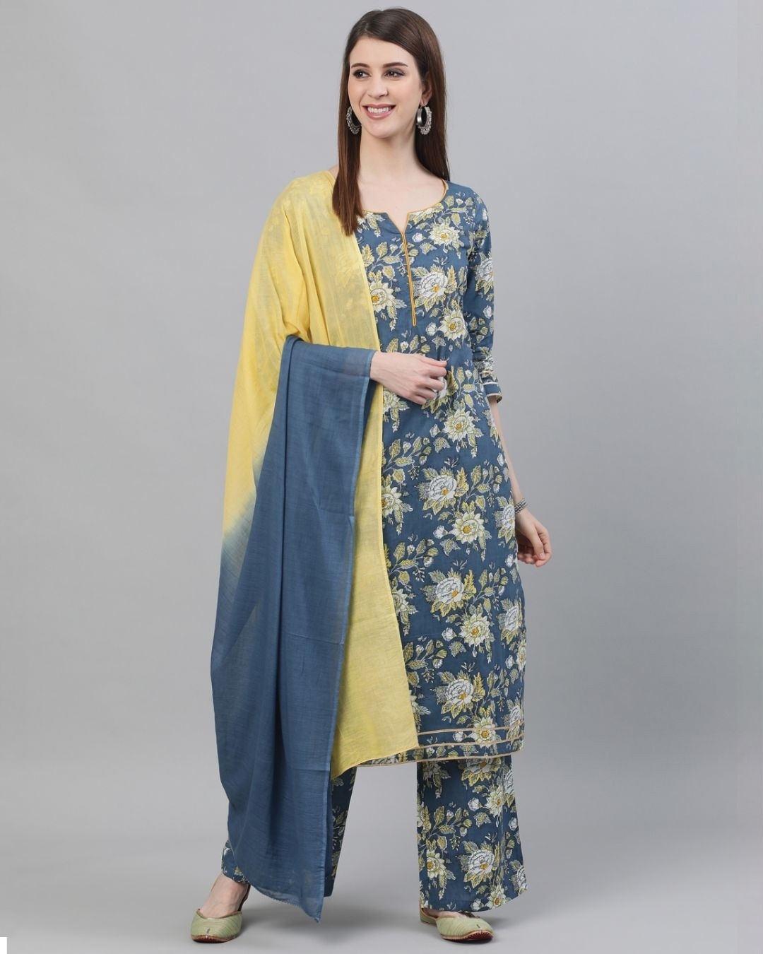 Shop Blue & Yellow Floral Printed Kurta & Palazzo With Tie & Dye Dupatta Set-Front