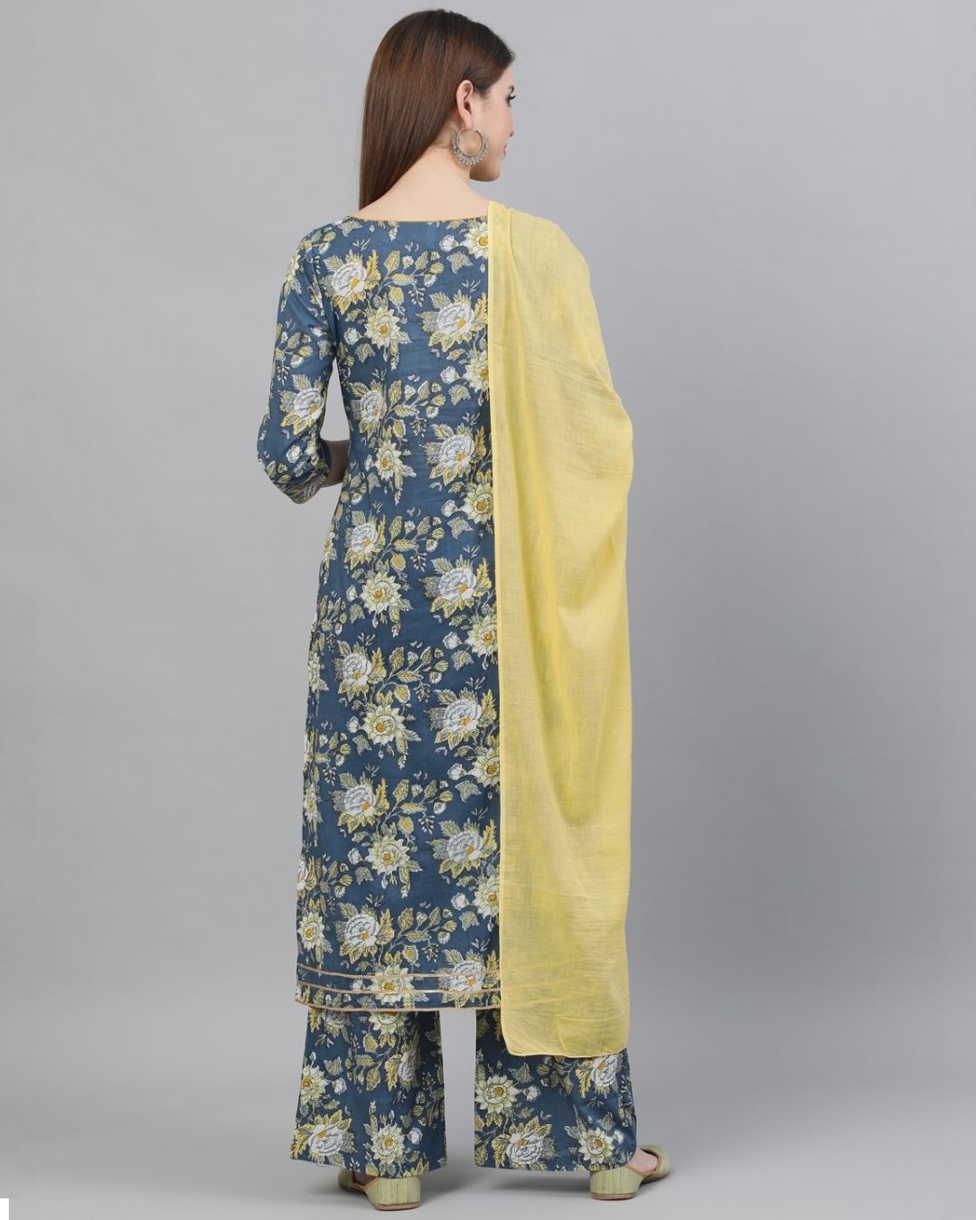 Shop Blue & Yellow Floral Printed Kurta & Palazzo With Tie & Dye Dupatta Set-Back
