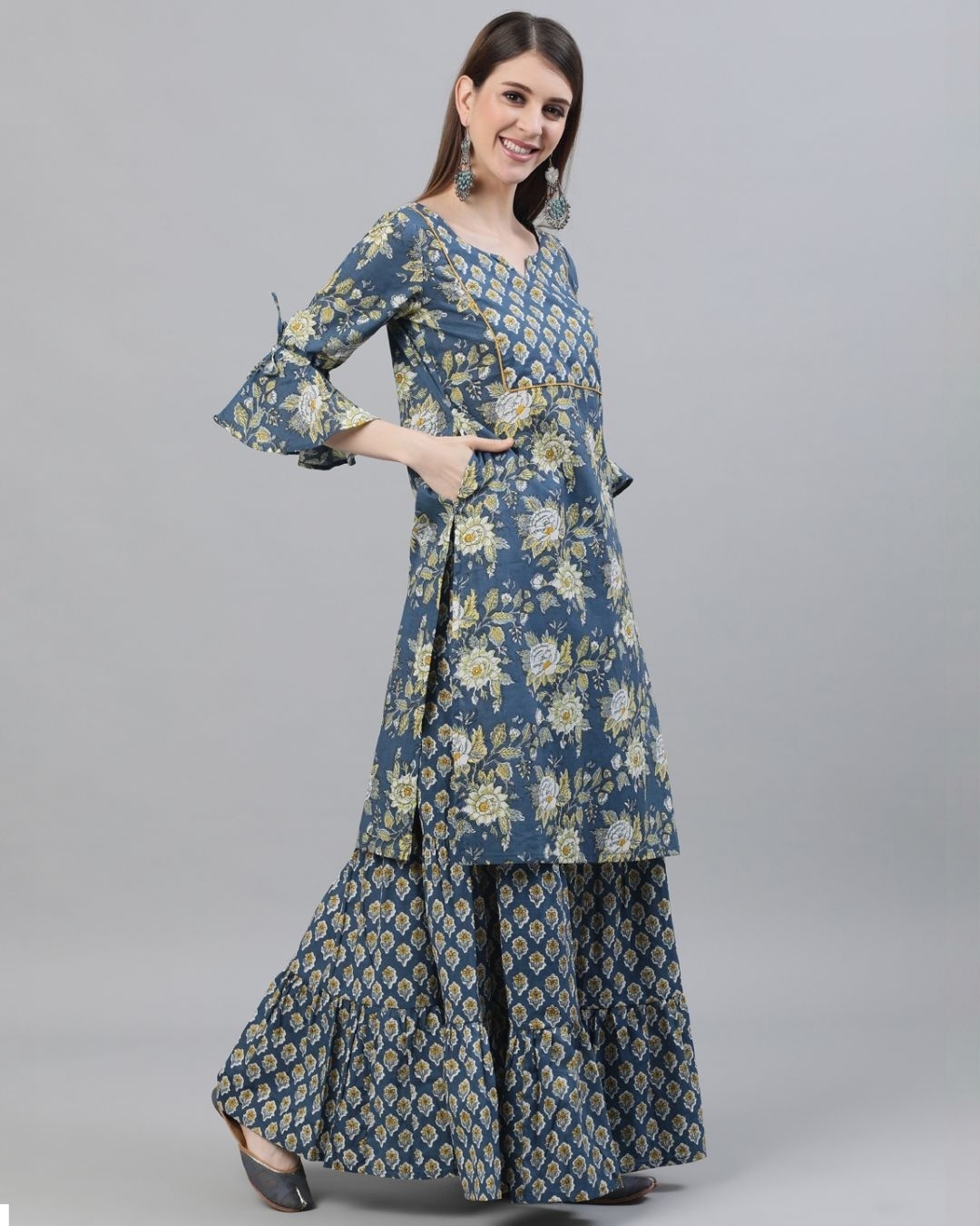 Shop Blue & Yellow Floral Printed Kurta With Skirt Set-Full